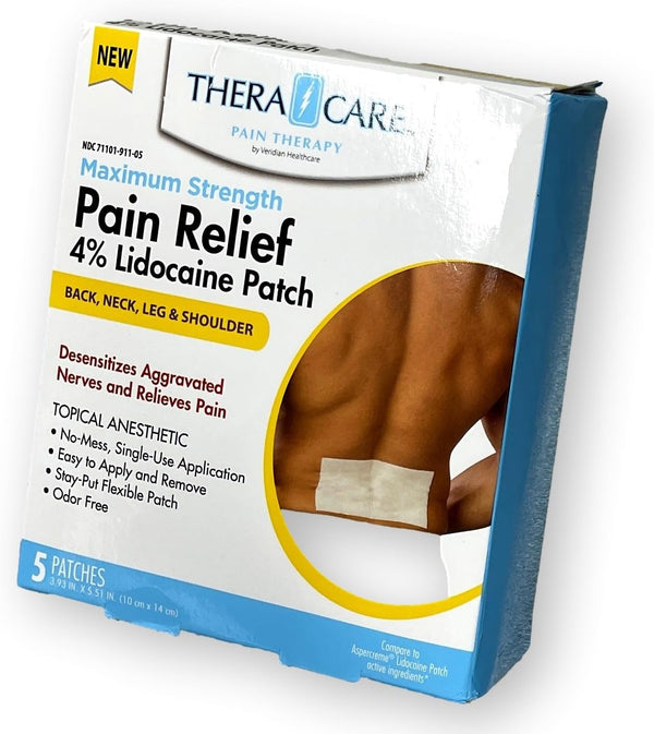 24-911 TheraCare Pain Relief 4% Lidocaine Patch, Simple Adhesive Application, Five Individually Wrapped