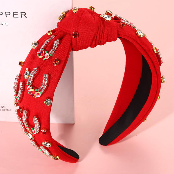 Kentucky Derby Headband for Women, Beaded Horseshoe Rhinestone Crystal Hairband, Red Top Knot Hair Accessories
