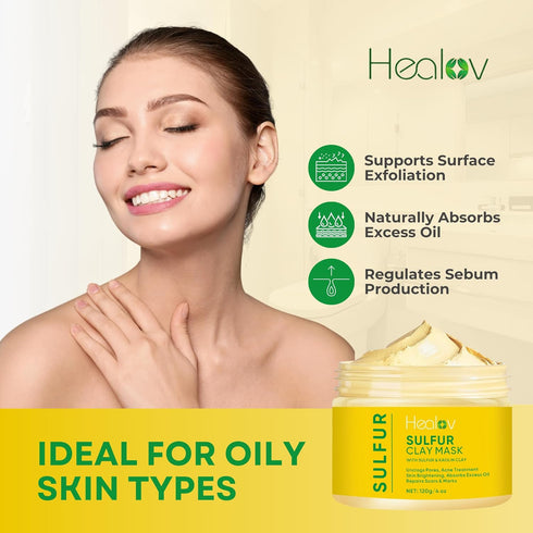 Sulfur Face Mask – All Natural Sulfur Facial Clay Mask – Glowing Skin Mask For Acne, Spots, Oily Skin – Sulfur Acne Mask Absorbs Excess Oil and Unclogs Pores – Sulfur Mask Skincare