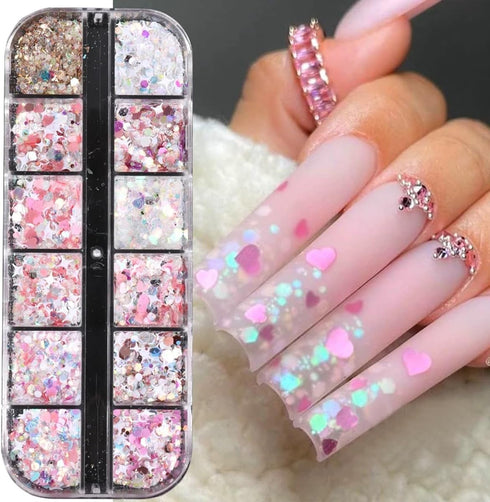 12 Grids Nail Art Glitter Sequins, Holographic Hexagon Chunky Nail Glitter for DIY Acrylic Nails Decoration