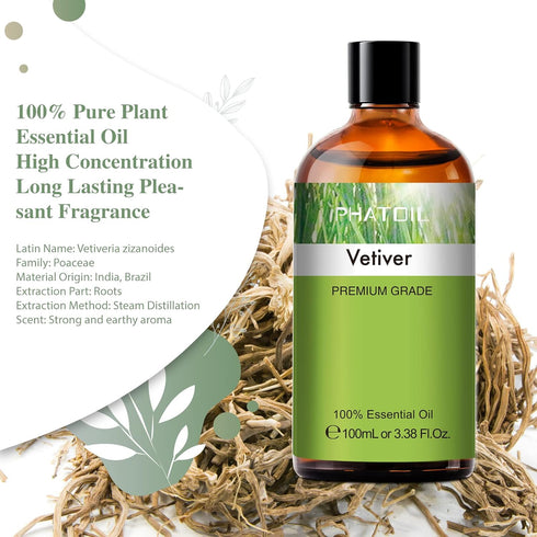 Vetiver 3.38fl.oz Essential Oil, PHATOIL Pure Aromatherapy Oils for Diffuser, Humidifier, Perfect for DIY Soap, Candle, Bath Bombs Making(100ml)