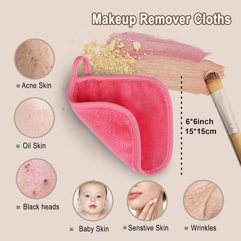 KODAMO Makeup Remover Cloth - Reusable Pads with Travel Bag, 12 Pack, Pink