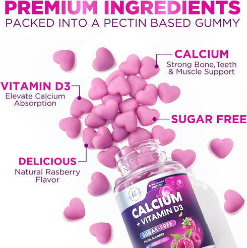 Calcium Supplement + Vitamin D3, Sugar Free Calcium Gummies for Bone & Teeth Support, 60 Gummies