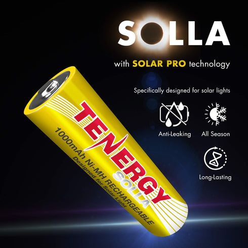Tenergy Solla Rechargeable NiMH AA Battery - 1000mAh Solar Batteries for Solar Garden Lights, 12 Pack