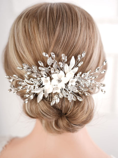Missgrace Bridal Wedding Crystals Rhinestones Handmade Flower Leaves Side Hair Comb Special Occasion Headpiece Gold Silver Comb Hair Accessories for Women (Silver)