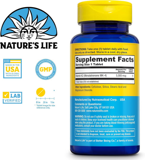 K2 K2 MK4-60 60 60 Nature's Life Revitalizing Vitamin - Bone Health, Artery and Heart Health Support - High Potency