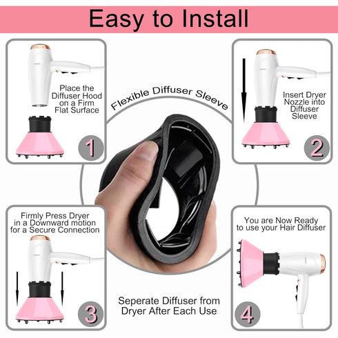 Universal Hair Diffuser for Blow Dryer, Adaptable Attachment for Nozzles 1.7 to 2.2 inch Diameter (Pink)