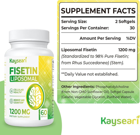 Fisetin 1200mg Liposomal Fisetin Supplements 98% Pure Fisetin Polyphenols Antioxidants Immunity Health Aging Cognitive Support Non-GMO 60 Capsules