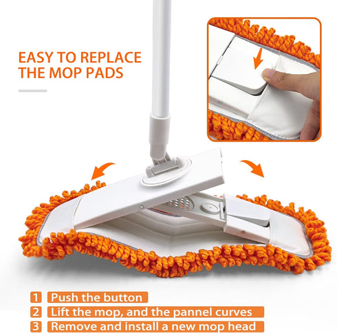 JEHONN Dust Mop for Floor Cleaning with 2 Washable Microfiber Pads, Dry Wet Flat Mop for Hardwood, Laminate, Tile