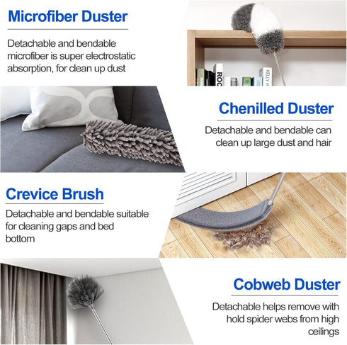 Microfiber Duster Kit (11PCS) with Washable Dusters and Extension Pole (30 to 100 in)