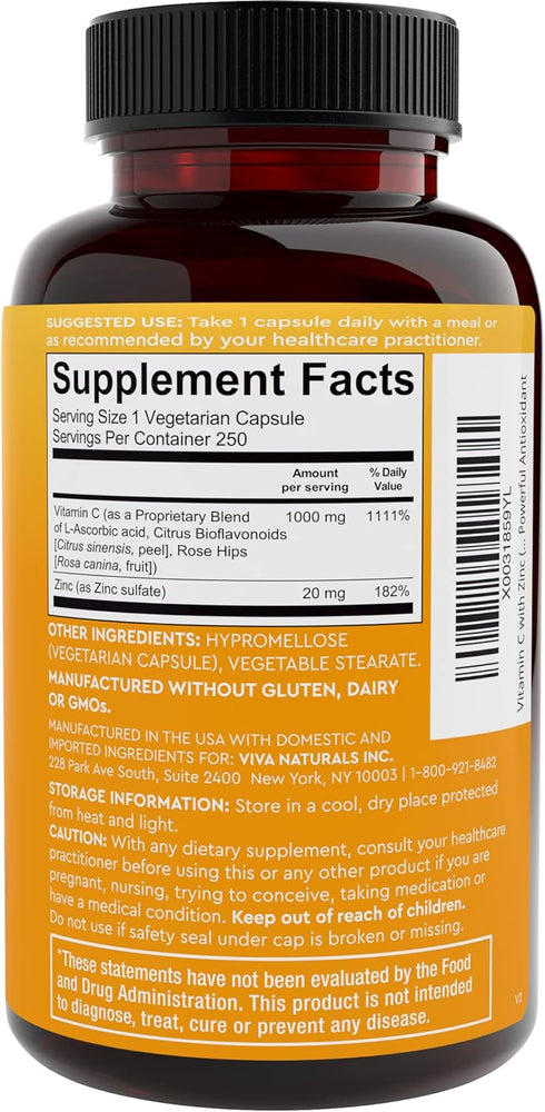 Viva Naturals Vitamin C 1000 mg and Zinc 20 mg Supplement (250 Capsules) for Immune Support, Plant Based