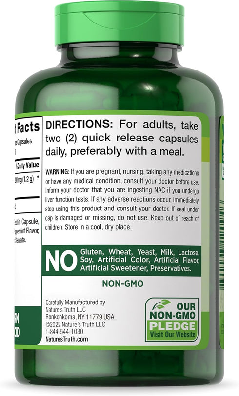 Nature's Truth NAC Supplement, 1200mg, 200 Capsules - Free Form Amino Acid, Non-GMO & Gluten Free