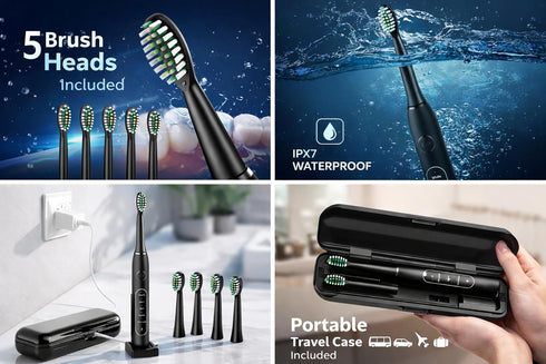 Paradise Bliss Quality 8 5 IPX7 Electric Toothbrush for Adults with Replacement Brush Heads, SunnyNest Rechargeable