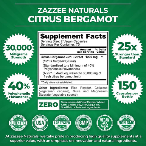 Zazzee Extra Strength Citrus Bergamot 25:1 Extract, 1200 mg, 40% Polyphenolic Flavanones, 150 Vegan Capsules, 30,000 mg