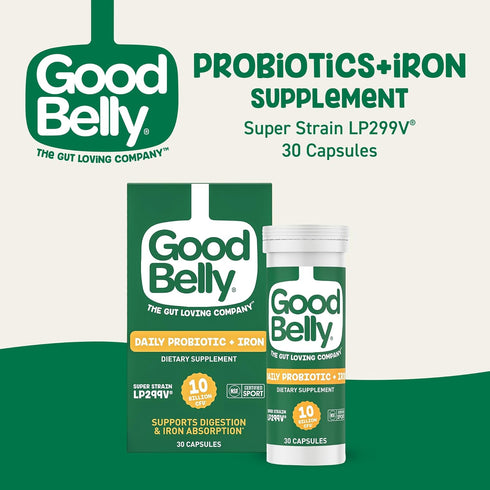 GoodBelly Probiotic Capsules for Digestive Health & Iron Absorption, Vegan Supplement with 10 Billion Cultures, 30