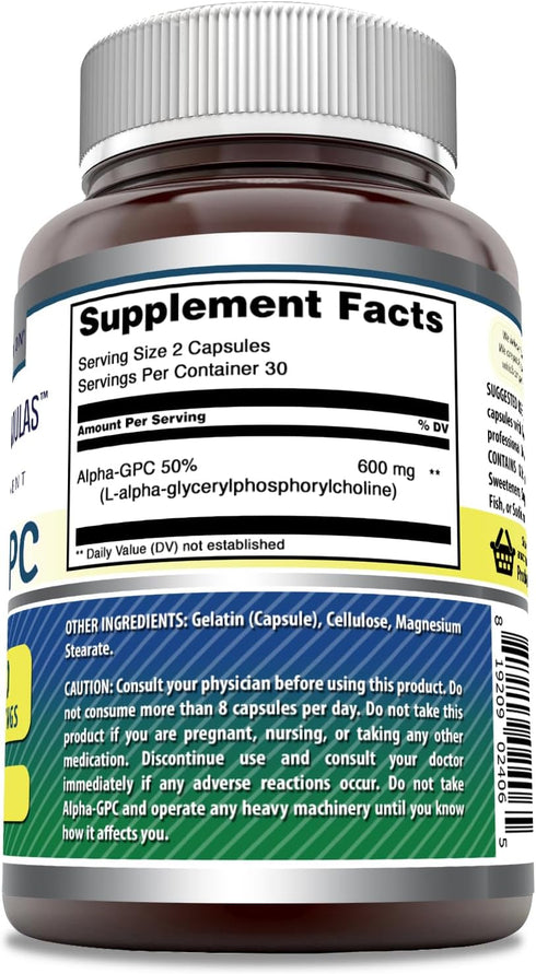 Alpha GPC Supplement by Amazing Formulas | 600 Mg Per Serving | 60 Capsules | Non-GMO | Gluten Free | USA Made
