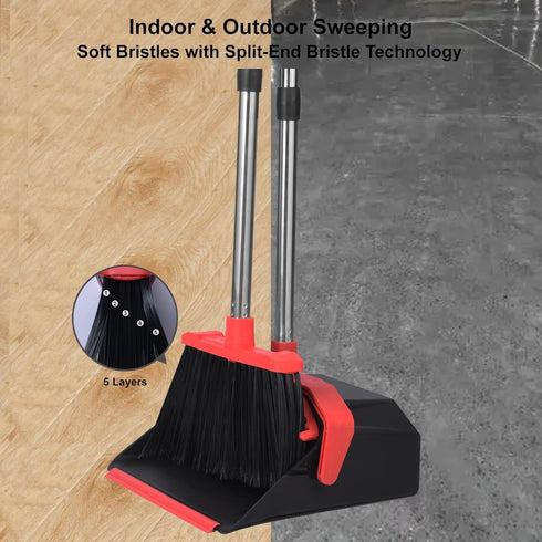 Upgrade Broom and Dustpan Set with 51'' Long Handle, Large Brooms and Dust Pans for Lobby Kitchen Office Restaurant