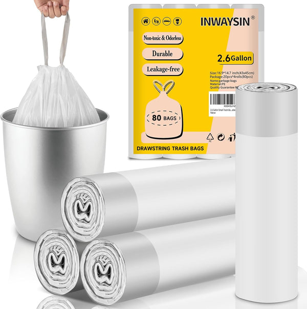 2.6 Gallon Small Trash Bags, 80 Count Plastic Drawstring Garbage Bags for Bathroom, Car, Office Liners (White)