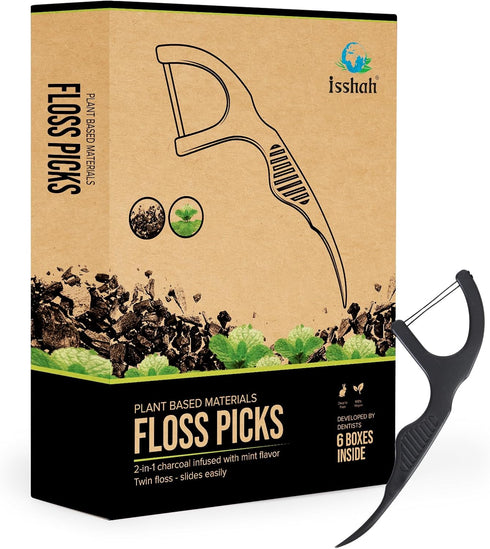 Natural Dental Floss Picks (300 Count), Plant Based, PETA Approved Vegan, Eco Friendly, Sustainable Flossers - Charcoal