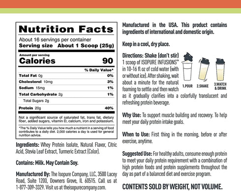 Isopure Clear Whey Isolate Protein Powder, Post Workout Recovery Drink Mix, Gluten Free, Zero Added Sugar, Infusions -