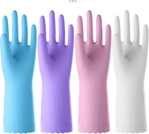 Rubber Kitchen Dishwashing Gloves, 4 Pairs Reusable Household Cleaning Gloves with Cotton Liner