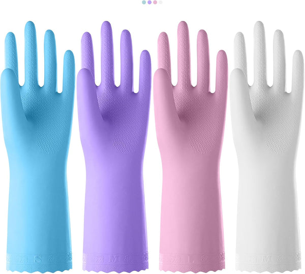 Rubber Kitchen Dishwashing Gloves, 4 Pairs Reusable Household Cleaning Gloves with Cotton Liner