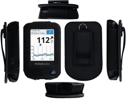 Fitted Leather Case with Screen Protector for Freestyle Libre, Libre 2, 14 Day, HD - Includes Carabiner & Lanyard