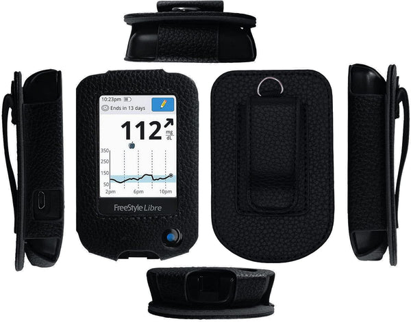 Fitted Leather Case with Screen Protector for Freestyle Libre, Libre 2, 14 Day, HD - Includes Carabiner & Lanyard