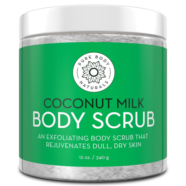 Pure Body Naturals Exfoliating Body Scrub, 12 Ounce with Hydrating Coconut Milk and Detoxifying Dead Sea Salt