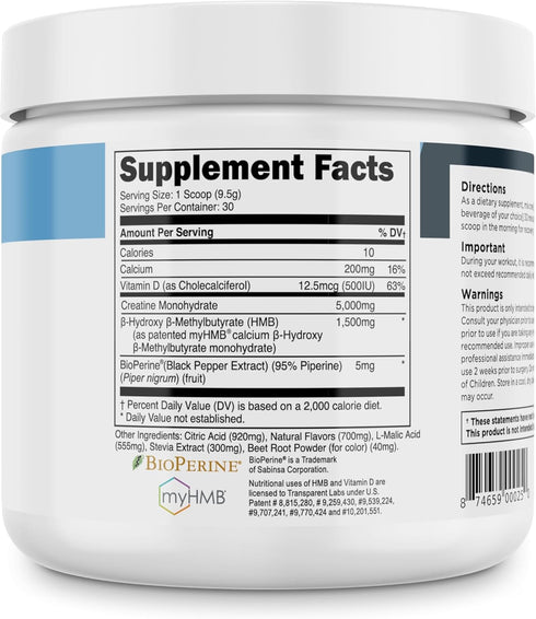 Transparent Labs Creatine HMB Powder, 30 Servings Strawberry Lemonade for Muscle Growth and Enhanced Energy
