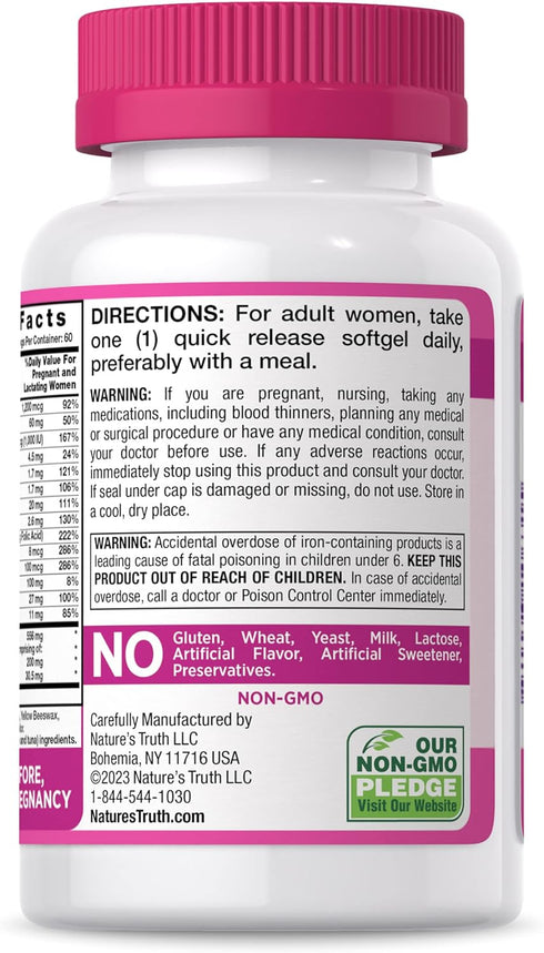 Nature's Truth Prenatal Vitamins with DHA and Folic Acid - 60 Softgels, Non-GMO, Gluten Free