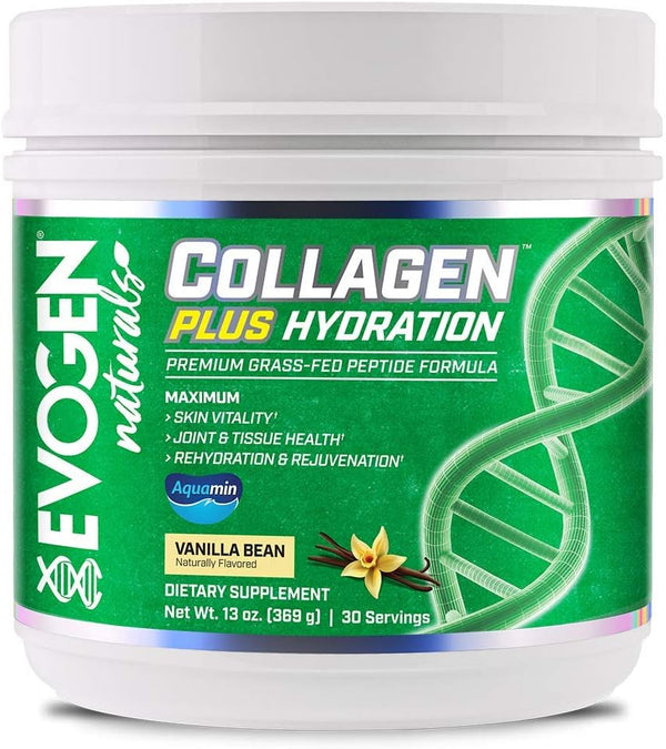 Evogen Collagen Plus Hydration Vanilla Powder, Grass Fed Type 1 & 2 Collagen, Aquamin, Vitamin C, Coconut Water