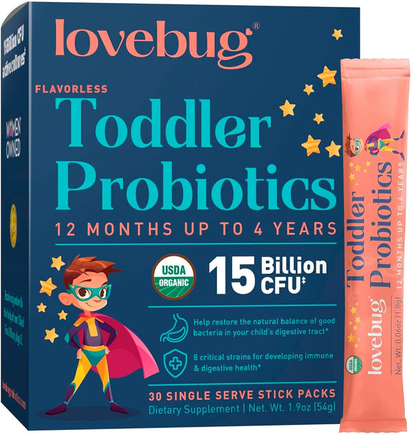 LOVEBUG Award Winning Probiotics for Constipation & Stomach Discomfort, Easy-to-Take Powder, 30 Packets