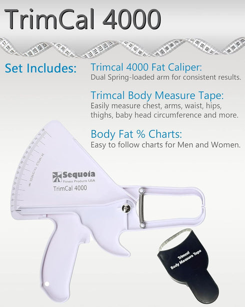 Sequoia Fitness Trimcal 4000 Body Fat Caliper with Body Measure Tape & Fat% Chart (White & Black)