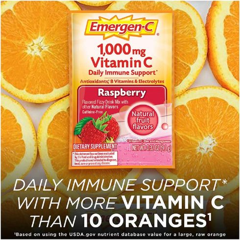 Emergen-C 1000mg Vitamin C Powder, Raspberry Flavor - Immunity Supplements with Antioxidants, B Vitamins & Electrolytes