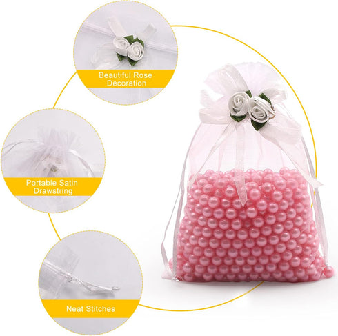 SumDirect 50Pcs Rose Organza Gift Bags, 5x7 inch White Wedding Favor Bags, Jewelry Pouches with Drawstring