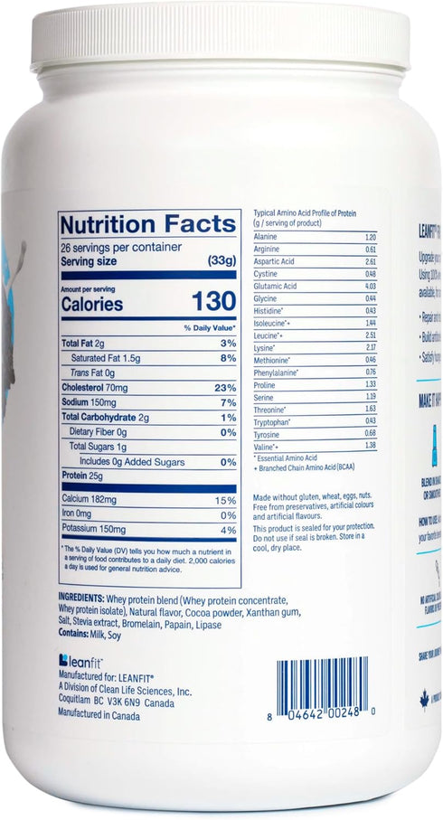 LeanFit WHEY Protein Cookies & Cream, 100% Whey Protein Powder, 25g Protein, Grass-Fed, Gluten-Free, 26 Servings, 1.88