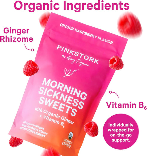 Pink Stork Morning Sickness Sweets, Organic Raspberry Ginger Candy with Vitamin B6 - 30 Wrapped Drops