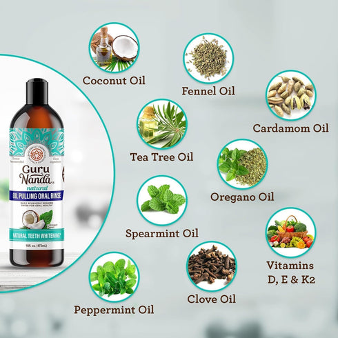 GuruNanda Coconut Oil Pulling, 16 fl oz, with 7 Essential Oils and Vitamin D3, E, K2 for Fresh Breath and Gum Health