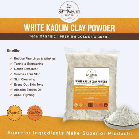Organic White Kaolin Clay Powder (1 LBS / 16 oz) - 100% Natural Cosmetic Grade for Facials and Soap Making