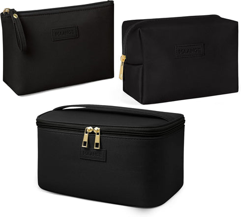 MAANGE Large Makeup Bag with 2pcs Small Bags, Portable Leather Travel Set for Women and Girls, Black