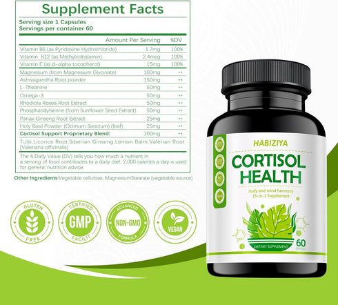 HABIZIYA 15-in-1 60 Cortisol Support Supplement with Magnesium Glycinate, L-Theanine, Ashwagandha