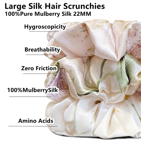 Suncdelv 100% Silk Scrunchies for Hair 22 Momme Hair Ties Anti-Crease & Breakage 3PCS (Flower)