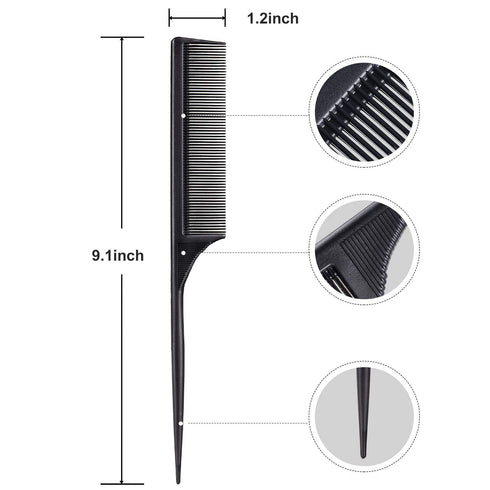 Leinuosen 10 Pcs Rat Tail Comb Styling, Carbon Heat Resistant Anti Static Teasing Comb, Black