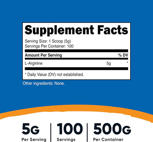 Nutricost L-Arginine Powder, 500 Grams (1.1lbs), 5000mg Per Serving