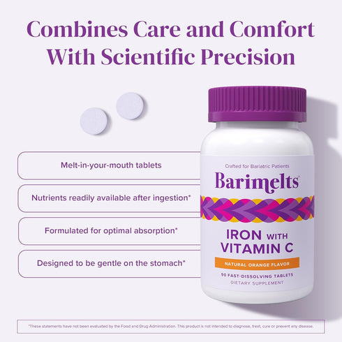 Barimelts Iron with Vitamin C, 90 Sugar-Free Fast-Dissolving Tablets (1-Month Supply) for Women, Natural Orange Flavor