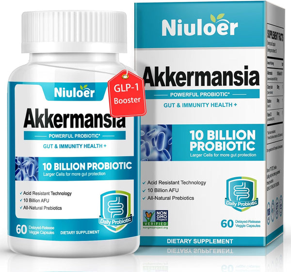 Akkermansia Probiotic, GLP-1 Probiotics for Women & Men, 10 Billion AFUs, 60 Capsules for Gut Health