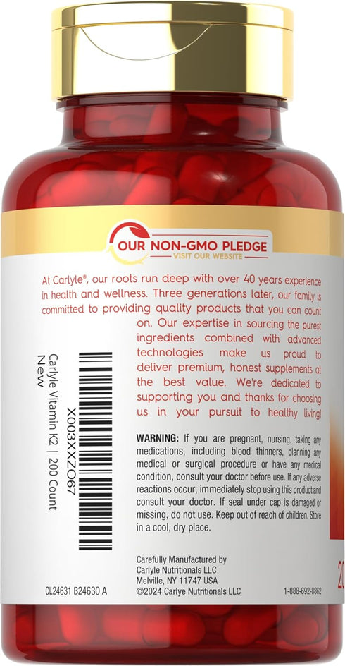 Carlyle Vitamin K2 MK7 100mcg - 200 Vegan Capsules, Menaquinone-7 Supplement, Non-GMO, Gluten Free