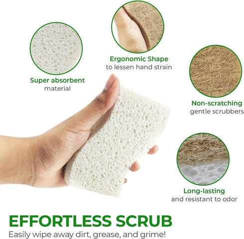 24 Pack Natural Kitchen Sponge - Biodegradable Compostable Cellulose and Coconut Scrubber Sponges for Dishes