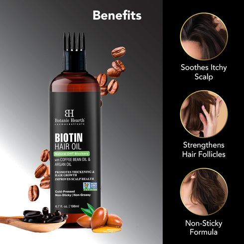 Botanic Hearth Biotin Hair Oil 6.7 fl oz for Hair Growth, Infused with Coffee Bean Oil & Argan Oil, Strengthening